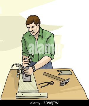 illustration of a carpenter is using a hand plane to smooth a piece of wood on a workbench Stock Vector