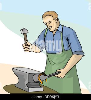 illustration of a blacksmith is hammering a glowing metal piece on an anvil with a hammer Stock Vector