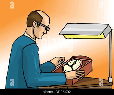 illustration of a clockmaker is repairing a wooden clock under a desk lamp Stock Vector