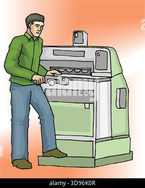 An abstract vector illustration shows of a Worker Operating a Paper Cutter Machine in a cartoon style Stock Vector