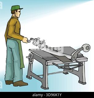 illustration of a worker is operating a metal shear machine to cut a sheet of metal Stock Vector
