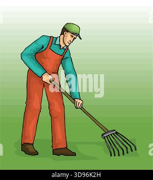 An abstract vector illustration shows of a Worker Raking with Garden Tool in a cartoon style Stock Vector