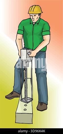 illustration of a construction worker is operating a jackhammer on a concrete slab Stock Vector