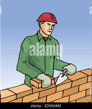 illustration of a bricklayer is using a trowel to lay bricks on a wall Stock Vector