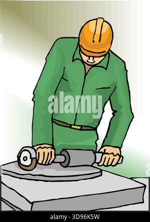An abstract vector illustration shows of a Worker Using Angle Grinder in a cartoon style Stock Vector
