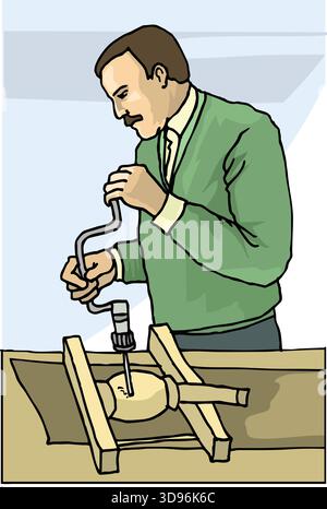 illustration of a craftsman is using a hand drill on a piece of wood secured in a workbench Stock Vector