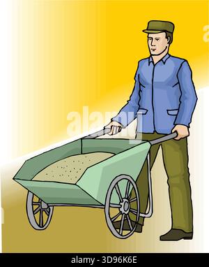 illustration of a worker is pushing a green wheelbarrow filled with sand Stock Vector
