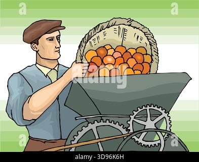 vector illustration shows of a Farmer Loading fruit crusher machine with Oranges Stock Vector