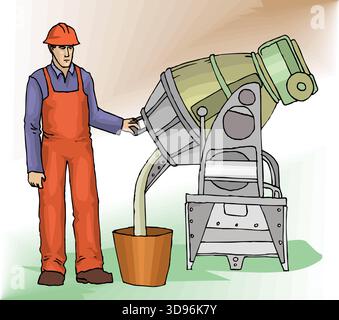 illustration of a worker is operating a cement mixer pouring concrete into a bucket Stock Vector