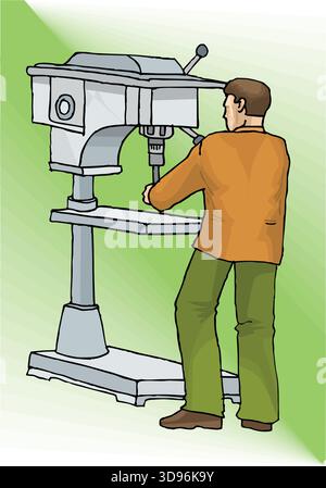 An abstract vector illustration shows of a Worker Operating Drill Press in a cartoon style Stock Vector