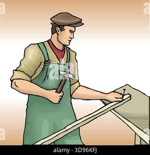 An abstract vector illustration shows of a Carpenter at Work in a cartoon style Stock Vector