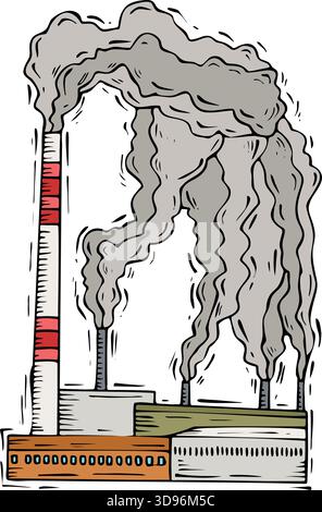 An abstract vector illustration shows of an Industrial Factory with Smokestacks in a cartoon style Stock Vector
