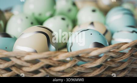 Pastel Easter Eggs In Basket With Silver Decoration Close Up. 3d rendering Stock Photo