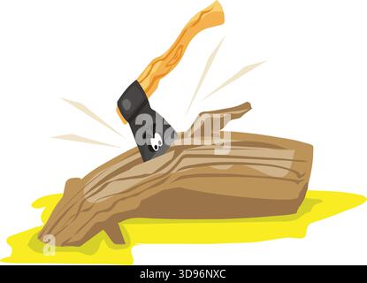 illustration of a black axe with a yellow handle and a surprised face, embedded in a brown log Stock Vector