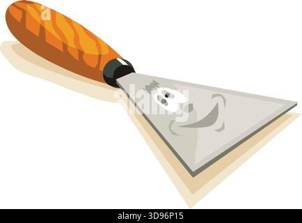 illustration of a gray putty knife with an orange handle, featuring a happy face with closed eyes and a wide smile Stock Vector