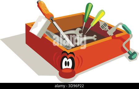 illustration of a toolbox with a smiling face, containing various tools including a hammer, screwdrivers, wrench, and a brush Stock Vector