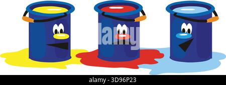 illustration of three paint cans with expressive faces, each spilling yellow, red, and blue paint Stock Vector
