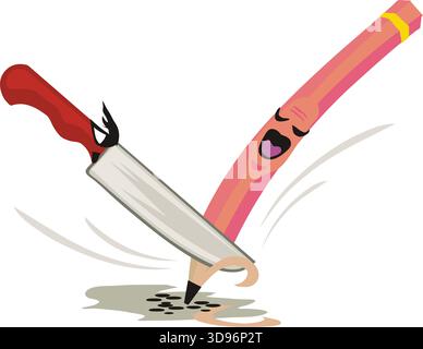 illustration of a red-handled knife sharpens a pink pencil , producing shavings Stock Vector