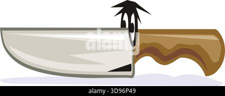 illustration of a gray knife with a brown handle, featuring a surprised face with wide eyes and raised brows Stock Vector