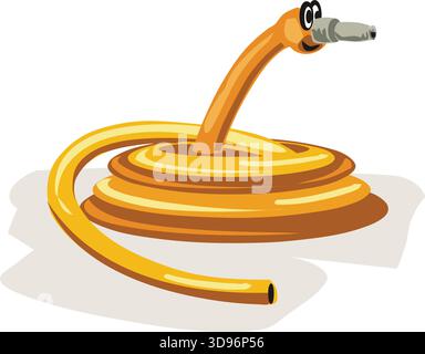 illustration of an orange hose coiled into a spiral, featuring a happy face with large eyes and a gray nozzle Stock Vector