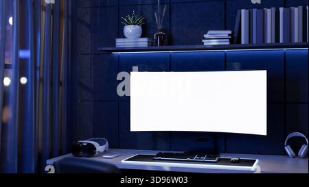 Blank screen computer and vision headset on table with neon blue backlight aside sheer curtain. Ad Mockup, Desk Setup, 3D Rendering, 3D Illustration. Stock Photo