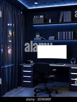 White screen computer and headset on drawer table with neon blue backlight in room with curtain. Ad Mockup, Desk Setup, 3D Rendering, 3D Illustration. Stock Photo