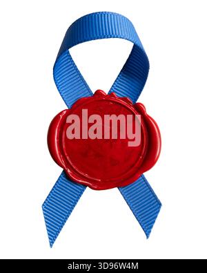 Red vintage wax seal stamp with blue ribbon on white background with clipping path Stock Photo