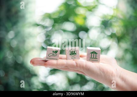Hand holding wooden cubes. ESG Concepts on Environment, Society and Governance green wooden block icon esg investment esg sustainable corporate develo Stock Photo
