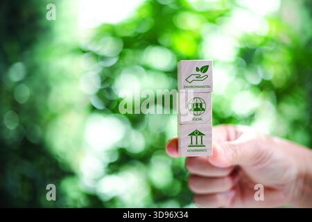 Hand holding wooden cubes. ESG Concepts on Environment, Society and Governance green wooden block icon esg investment esg sustainable corporate develo Stock Photo