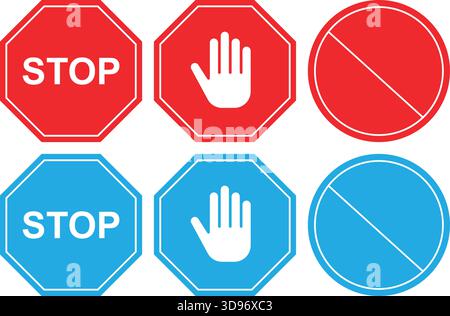 Set of Red and Blue Stop and Prohibition Signs Stock Vector