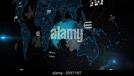 Displaying cyan globe floating over digital dashboard, showing blue map, hex nodes, data panels Stock Photo