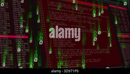 Streaming green binary rain flowing over red code windows in virtual lab, showing monospaced code Stock Photo