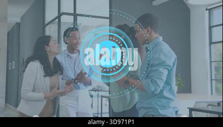 Discussing team wearing business casual collaborating in office, with blue AI emblem and phone Stock Photo