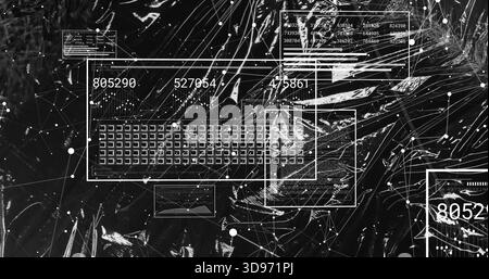 Displaying central white-outlined data panel centering on black backdrop, with grid, numbers, nodes Stock Photo