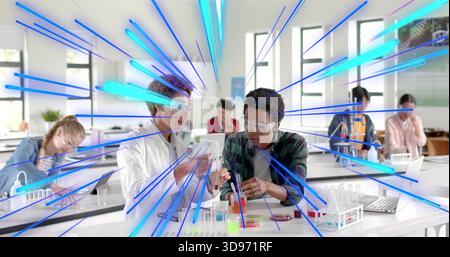 Pipetting two students wearing lab coat and plaid shirt moving liquid in school lab, petri dishes Stock Photo