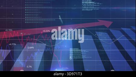 Showing finance chart on deep blue gradient, with upward red arrow, line graphs, bars, labels Stock Photo