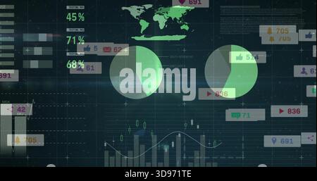 Displaying pair of semi-transparent green pie charts occupying center of HUD, with map tags Stock Photo