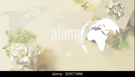 Displaying white globe silhouette on right flat-lay, with dotted world map motif, polka-dot gift Stock Photo