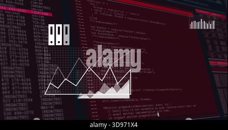 Displaying white line chart on dark dashboard with semi-transparent grid and console panels Stock Photo