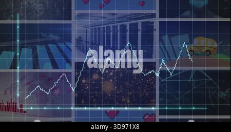 Displaying neon cyan line chart pulsing across dashboard, with glowing nodes and tiled panels Stock Photo