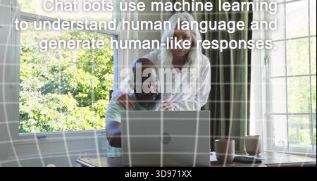 Using laptop, Black-man-in-tee at table by windows, woman-in-white resting hands, mugs, overlay Stock Photo