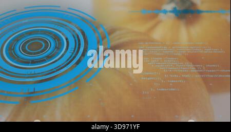 Showing blue ringed HUD overlaying warm surface in mockup with waveform code crosshairs, copy space Stock Photo
