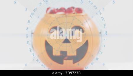 Displaying orange pumpkin bucket sitting on pale table, showing red candy and blue radar overlay Stock Photo