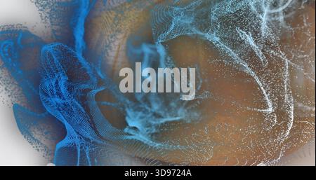 Moving abstract dots forming mesh and ribbon in digital space with blue mesh and white strands Stock Photo