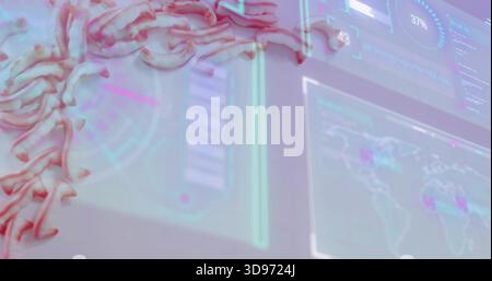 Displaying partial spinal column model on glass touchscreen in lab, showing 37% gauge, copy space Stock Photo