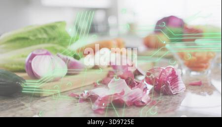 Sitting halved red onion and papery skins crowding stone countertop in kitchen, AR overlay Stock Photo