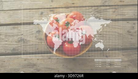Displaying round bowl holding ripe red tomatoes on wooden tabletop, with map grid and date blocks Stock Photo