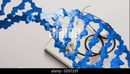 Displaying clinical scene showing spiral notebook and stethoscope on pale tabletop with DNA ribbon Stock Photo