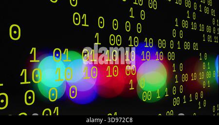 Glowing yellow binary digits forming vertical columns over digital studio, with colorful bokeh Stock Photo