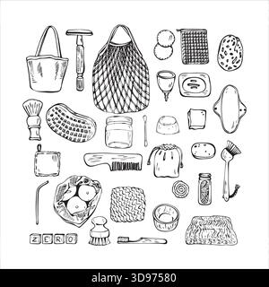 Zero Waste Hand drawn Collection of reusable items Stock Vector